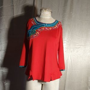 Vintage 60s 70s Red Embroidered Cloud Applique Synthetic Knit Top Size Large. Ve